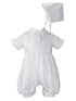 Baby Boys White Gabardine Short Sleeves Satin Tie Hat Christening Outfit NB-24M - SophiasStyle.com